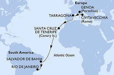 Route 16 Nächte Positionierungsfahrten ab Civitavecchia (Rom) bis Rio De Janeiro
