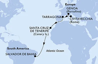 Route 13 Nächte Positionierungsfahrten ab Civitavecchia (Rom) bis Salvador