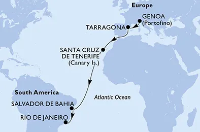 Route 15 Nächte Positionierungsfahrten ab Genua bis Rio De Janeiro