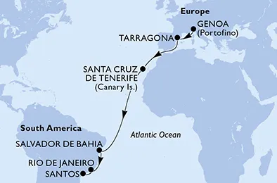 Route 16 Nächte Positionierungsfahrten ab Genua bis Santos
