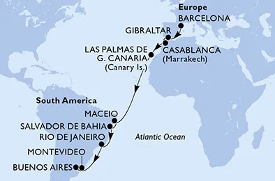 Route 18 Nächte Positionierungsfahrten ab Barcelona bis Buenos Aires