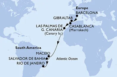 Route 14 Nächte Positionierungsfahrten ab Barcelona bis Rio De Janeiro