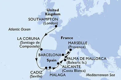 Route 9 Nächte Nordeuropa ab Southampton bis Barcelona