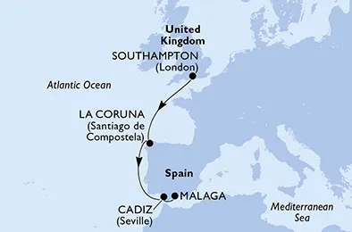 Route 5 Nächte Nordeuropa ab Southampton bis Malaga