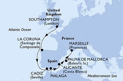 Route 8 Nächte Nordeuropa ab Southampton bis Marseille