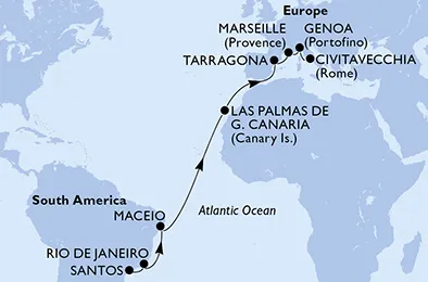 Route 17 Nächte Positionierungsfahrten ab Santos bis Civitavecchia (Rom)