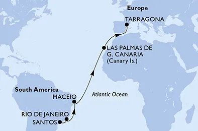 Route 14 Nächte Positionierungsfahrten ab Santos bis Tarragona