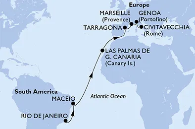 Route 16 Nächte Positionierungsfahrten ab Rio De Janeiro bis Civitavecchia (Rom)