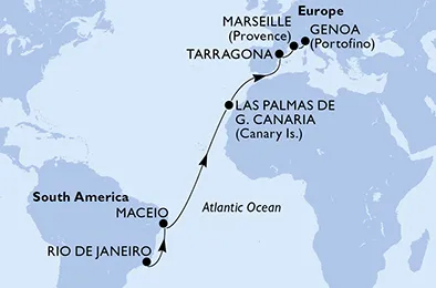 Route 15 Nächte Positionierungsfahrten ab Rio De Janeiro bis Genua