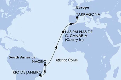 Route 13 Nächte Positionierungsfahrten ab Rio De Janeiro bis Tarragona
