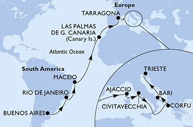 Route 22 Nächte Positionierungsfahrten ab Buenos Aires bis Triest