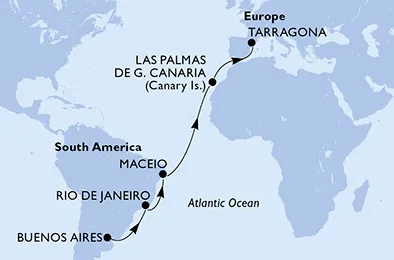 Route 16 Nächte Positionierungsfahrten ab Buenos Aires bis Tarragona