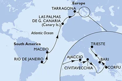 Route 19 Nächte Positionierungsfahrten ab Rio De Janeiro bis Triest