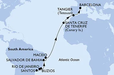 Route 17 Nächte Positionierungsfahrten ab Santos bis Barcelona