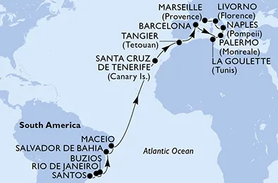 Route 23 Nächte Positionierungsfahrten ab Santos bis Marseille