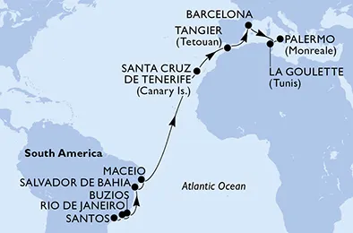 Route 20 Nächte Positionierungsfahrten ab Santos bis Sizilien/Palermo