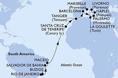 Route 22 Nächte Positionierungsfahrten ab Rio De Janeiro bis Marseille