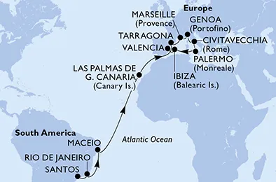 Route 21 Nächte Positionierungsfahrten ab Santos bis Valencia