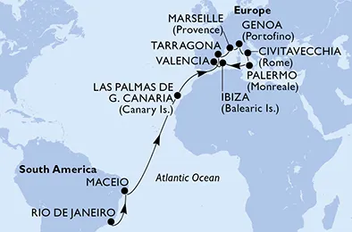 Route 20 Nächte Positionierungsfahrten ab Rio De Janeiro bis Valencia