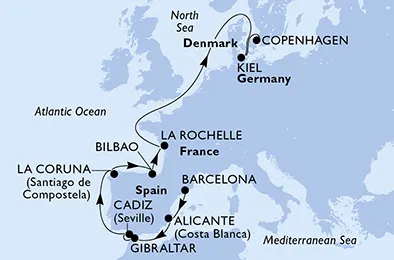 Route 11 Nächte Nordeuropa ab Barcelona bis Kopenhagen