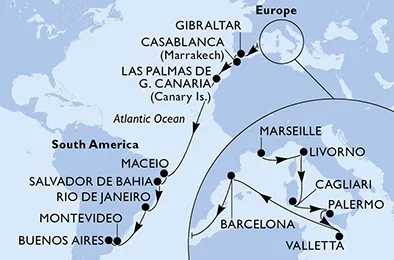 Route 24 Nächte Positionierungsfahrten ab Marseille bis Buenos Aires