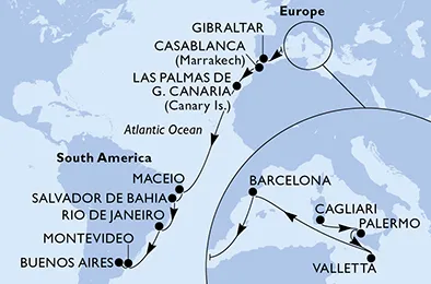 Route 22 Nächte Positionierungsfahrten ab Cagliari bis Buenos Aires