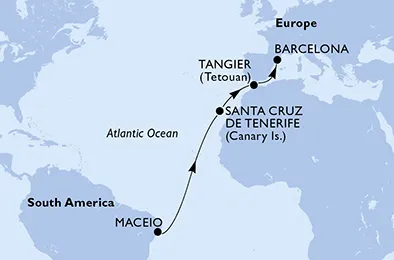 Route 11 Nächte Positionierungsfahrten ab Maceió bis Barcelona