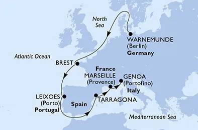 Route 10 Nächte Nordeuropa ab Warnemünde bis Genua