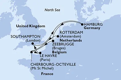 Route 8 Nächte Nordeuropa ab Rotterdam bis Cherbourg