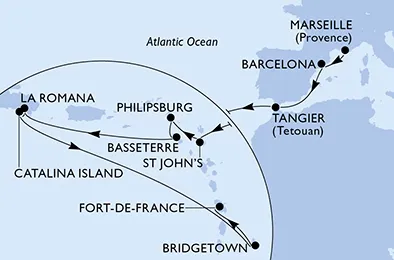 Route 19 Nächte Positionierungsfahrten ab Marseille bis Fort De France