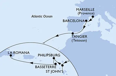 Route 15 Nächte Positionierungsfahrten ab Marseille bis La Romana/Dom. Republik