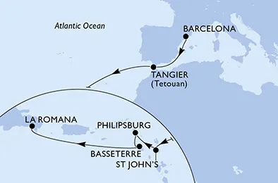 Route 14 Nächte Positionierungsfahrten ab Barcelona bis La Romana/Dom. Republik