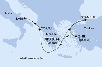 Route 5 Nächte Mittelmeer ab Piräus (Athen) bis Bari
