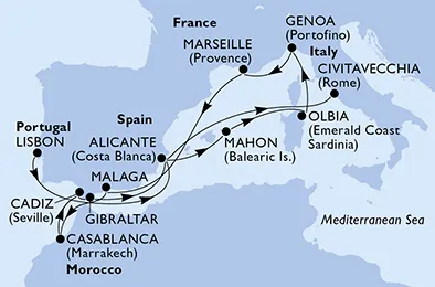 Route 14 Nächte Mittelmeer ab Lissabon bis Civitavecchia (Rom)