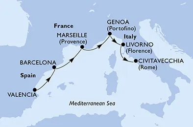 Route 5 Nächte Mittelmeer ab Valencia bis Civitavecchia (Rom)
