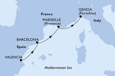 Route 3 Nächte Mittelmeer ab Valencia bis Genua
