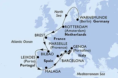 Route 14 Nächte Nordeuropa ab Warnemünde bis Barcelona