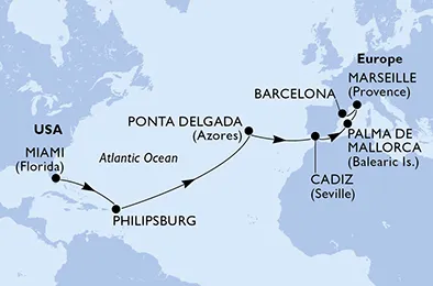 Route 16 Nächte Positionierungsfahrten ab Miami bis Barcelona