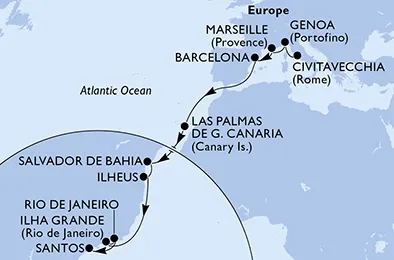 Route 18 Nächte Positionierungsfahrten ab Civitavecchia (Rom) bis Santos