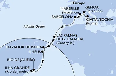 Route 17 Nächte Positionierungsfahrten ab Civitavecchia (Rom) bis Rio De Janeiro