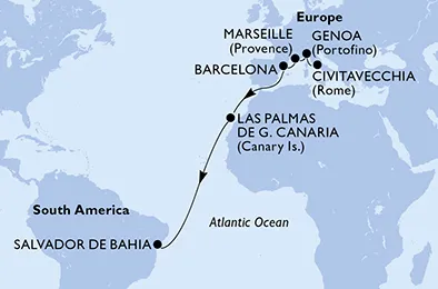 Route 13 Nächte Positionierungsfahrten ab Civitavecchia (Rom) bis Salvador