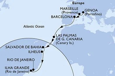 Route 16 Nächte Positionierungsfahrten ab Genua bis Rio De Janeiro