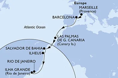Route 15 Nächte Positionierungsfahrten ab Marseille bis Rio De Janeiro