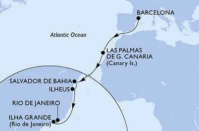 Route 14 Nächte Positionierungsfahrten ab Barcelona bis Rio De Janeiro