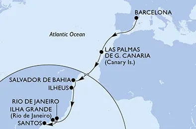 Route 15 Nächte Positionierungsfahrten ab Barcelona bis Santos