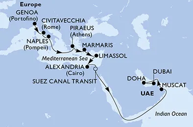 Route 21 Nächte Positionierungsfahrten ab Genua bis Dubai