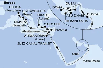 Route 23 Nächte Positionierungsfahrten ab Genua bis Abu Dhabi
