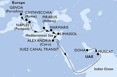 Route 19 Nächte Positionierungsfahrten ab Genua bis Doha