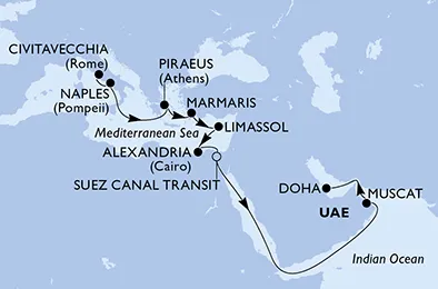 Route 18 Nächte Positionierungsfahrten ab Civitavecchia (Rom) bis Doha