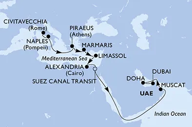 Route 20 Nächte Positionierungsfahrten ab Civitavecchia (Rom) bis Dubai